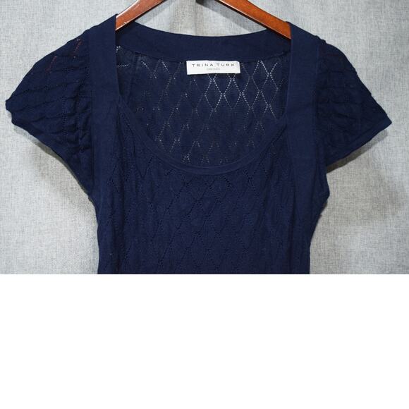 Trina Turk Navy Blue Diamond Knit Fit & Flare Sweater Dress Size Small - Picture 2 of 3